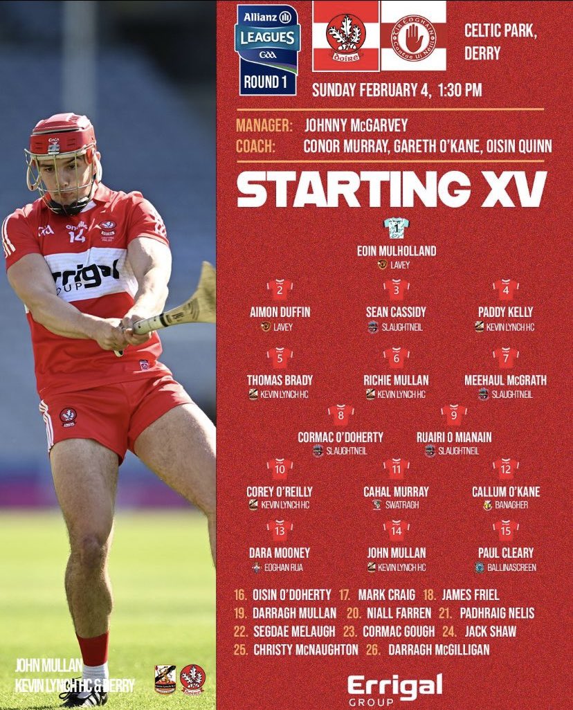 Best of luck to our own Dara Mooney who will line out for Derry in the the National Hurling League opener tomorrow 🆚 Tyrone 🏆 National Hurling League 2B - Round 1 🏟️ Celtic Park 🗓️ Sunday February 4 🕜 1:30pm