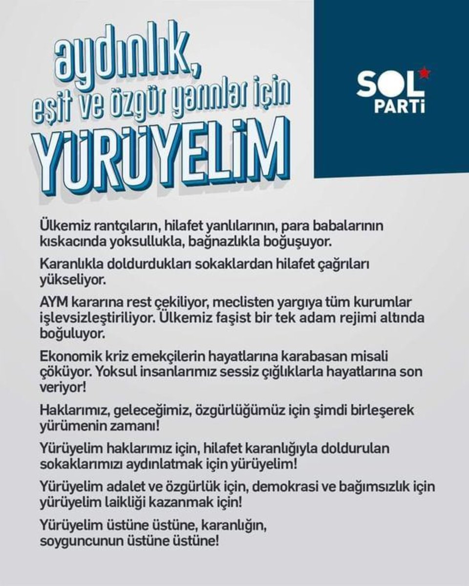 Daha aydınlık geleceğe; adalet ve özgürlük için verilen mücadeleye ilmek ilmek örgütlenerek destek olalım.

Sahip çıkılmayan aydınlık, yarının karanlığıdır. Hep beraber bu mücadeleye omuz verelim ve bugünün aydınlığına sahip çıkalım.

#kesteldeSOLvar
#kesteldeUMUTvar