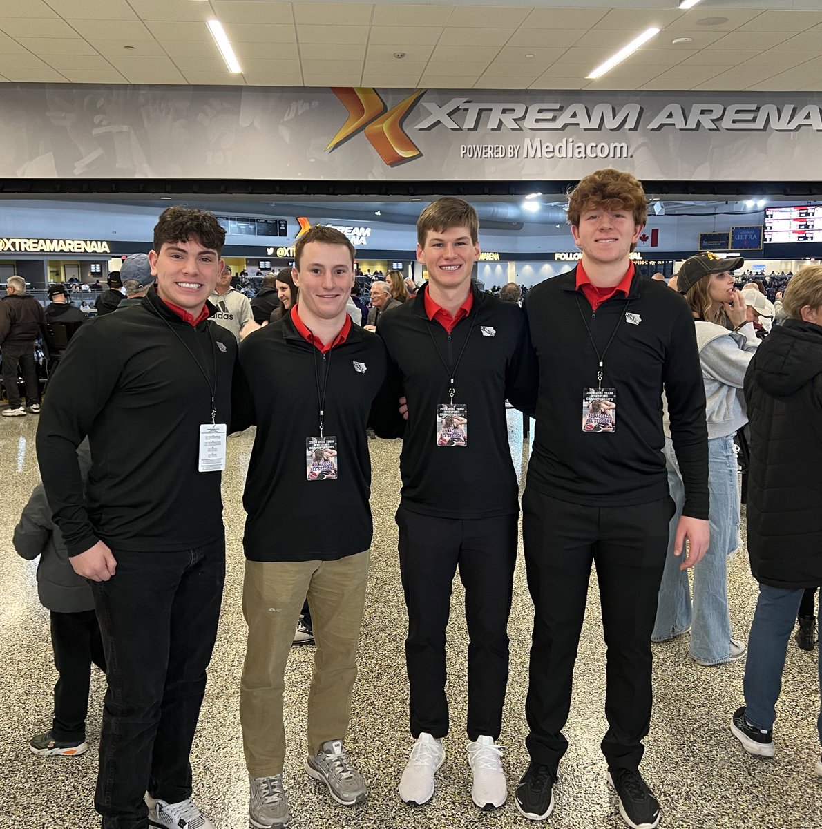 IHSAA's tweet photo. Great group from our Student Advisory Committee helping at State Duals today: Dominik Garcia, Denison-Schleswig; Grant Helmle, Xavier; Andrew DeWall, Indianola; Ryan Weier, Algona. #iahswr 
🌟 https://t.co/xLOQEjoLZZ https://t.co/JvfuY63omG