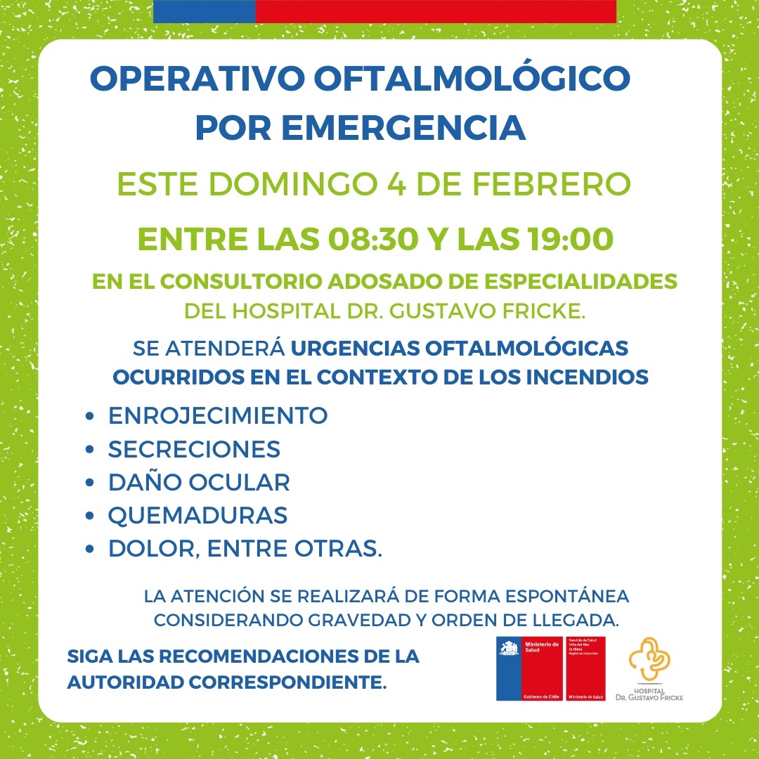 Hospitalfricke's tweet photo. 📣 ¡Atención! Operativo oftalmológico por emergencia este domingo para todos quienes registren urgencias oftalmológicas en el contexto de los incendios. Este domingo 04 de febrero en el Consultorio Adosado de Especialidades. https://t.co/NboNyf0P4S
