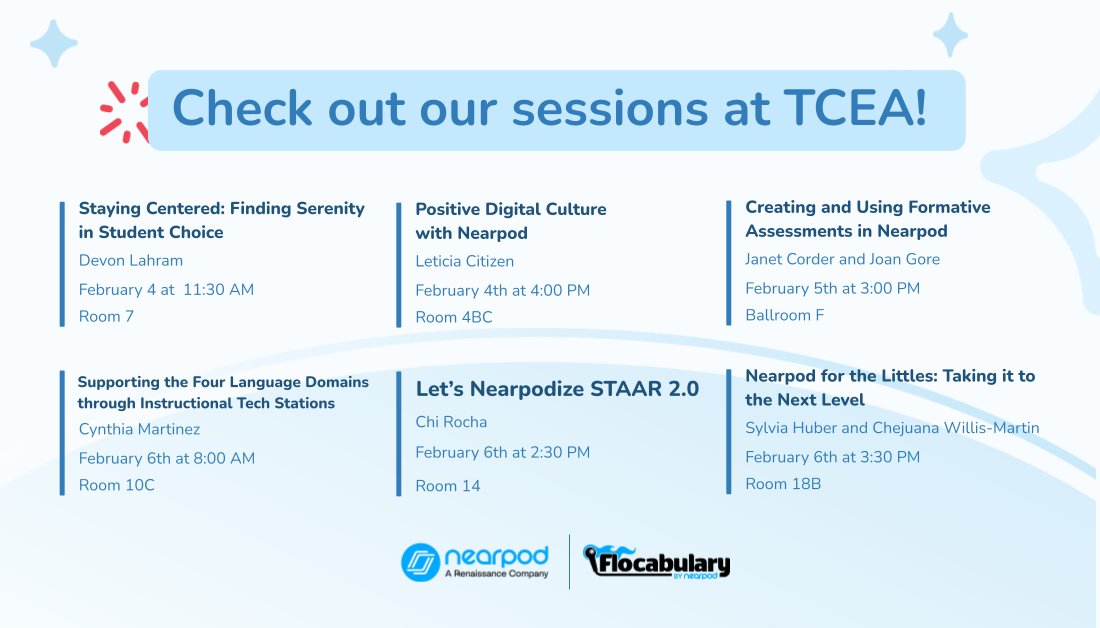 Nearpod (@nearpod) on Twitter photo Are you attending #TCEA this week? 👀 Come say hi to the Nearpod, <a href="/Flocabulary/">Flocabulary</a>, and <a href="/RenLearnUS/">Renaissance Learning US</a> team at Booth #935! 👋
Don't miss out on these amazing sessions by some of our favorite teacher pals like <a href="/CitiCoach/">Leticia Citizen</a>, <a href="/corderj/">Janet Corder ✈️#ISTE</a>, <a href="/Chidr/">Chi Rocha</a>, @ChejuanaMar, <a href="/MrsHuber_DLC/">Sylvia Huber</a>, & more! ✨👇 Are you attending #TCEA this week? 👀 Come say hi to the Nearpod, <a href="/Flocabulary/">Flocabulary</a>, and <a href="/RenLearnUS/">Renaissance Learning US</a> team at Booth #935! 👋
Don't miss out on these amazing sessions by some of our favorite teacher pals like <a href="/CitiCoach/">Leticia Citizen</a>, <a href="/corderj/">Janet Corder ✈️#ISTE</a>, <a href="/Chidr/">Chi Rocha</a>, @ChejuanaMar, <a href="/MrsHuber_DLC/">Sylvia Huber</a>, & more! ✨👇