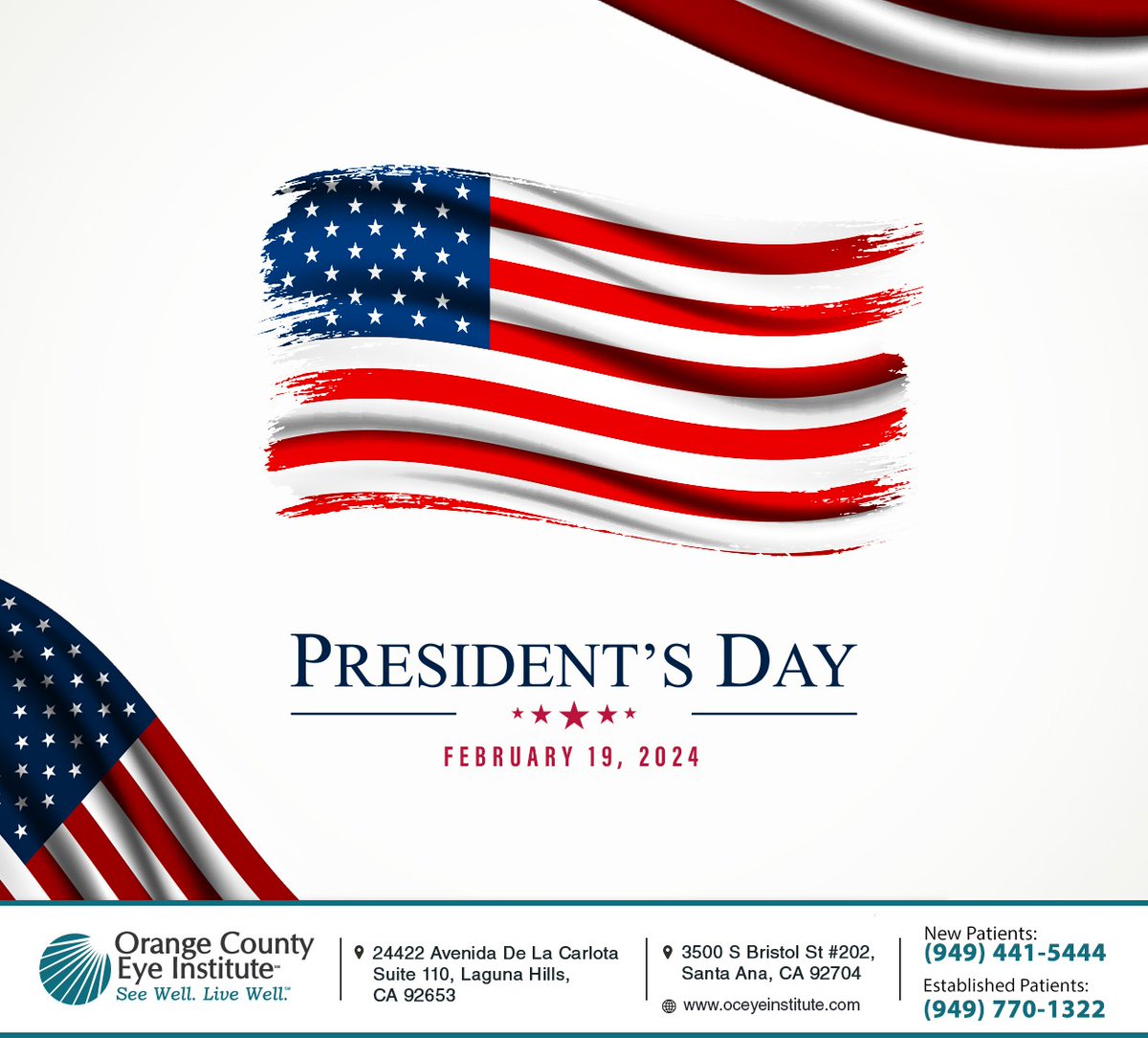 OCEyeInstitute's tweet image. Today, we honor all former U.S. presidents for their outstanding work in shaping America into the great country it is today. #presidentsday #americanhistory #leadership #lagunahills #CA #oceyeinstitute