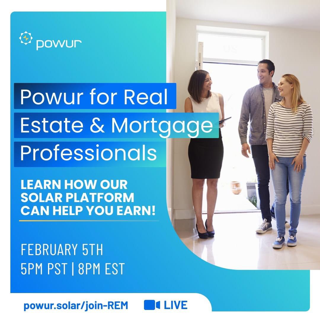 bbesser502's tweet image. Calling Realtors, Mortgage Brokers, and Appraisers! 🏡 Supercharge your skills and income with real estate + solar integration! Join me Mon, 2/5, 5 PM PST / 8 PM EST for a LIVE ZOOM session. Click to REGISTER: 
powur.solar/join-rem 🚀 

#RealEstate #SolarOpportunity #Powur