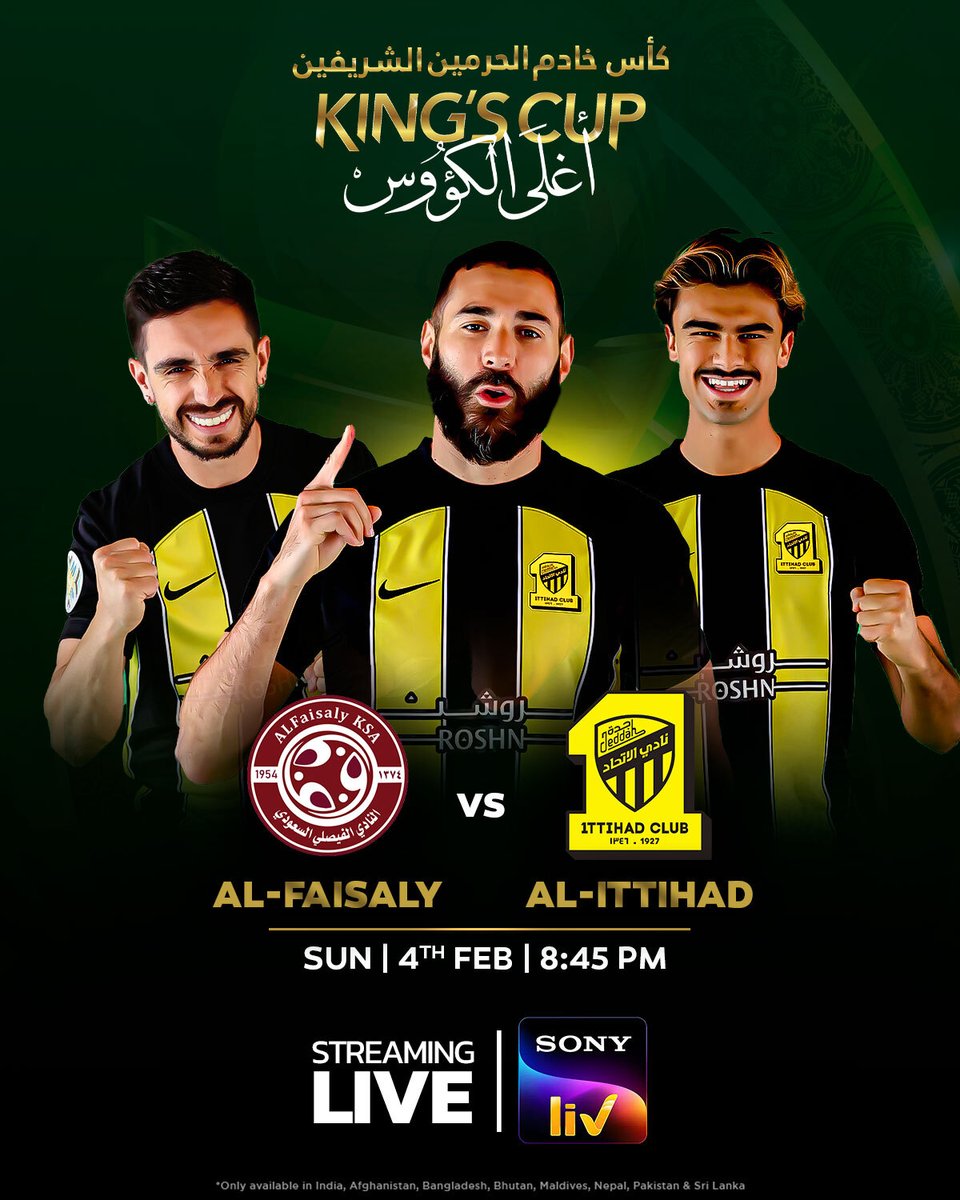 The stage is set for an electrifying Saudi #KingsCup quarter-final 🏟️⚽

Can Benzema's Al-Ittihad with their dicey form still dominate Al-Faisaly & progress❓

Witness the action-packed showdown on 4th Feb at 8:45 PM - LIVE on #SonyLIV 🍿