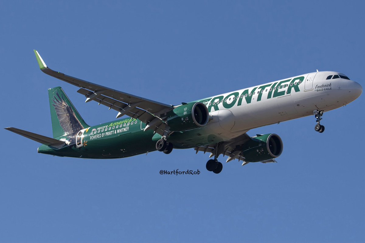 📍 East Granby, Connecticut 
📅 February 3, 2024
✈️ Frontier Airlines Flight 3938
🛩️ Airbus A321-271 - N603FR
💨 Pratt & Whitney PW1133G
🛫 San Juan Luis Munoz Marin Int’l Airport (TJSJ) 
🛬 Bradley Int’l Airport (KBDL) 
❗️Frederick The Bald Eagle Livery