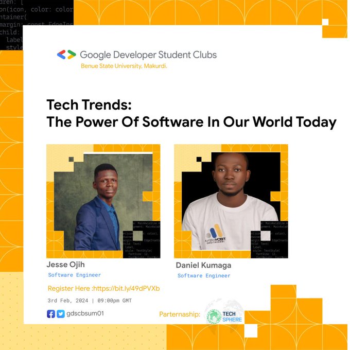 gdscbsum01's tweet photo. It was really an awesome session tonight with our amazing speakers @jesseInvent @DanielKumaga 
To learn and know more about the power of software in our world today.
Thank you all for joining.
See you in our next event. https://t.co/ZxfhMlpPUj