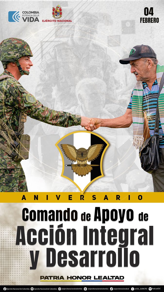 COL_EJERCITO's tweet photo. Felicitaciones a @Ejercito_CAAID
 en su aniversario;  su esfuerzo para unificar las instituciones públicas, el sector privado, la cooperación internacional y las autoridades regionales, se traduce finalmente en el progreso y desarrollo de las comunidades. https://t.co/Qny7rLROq9