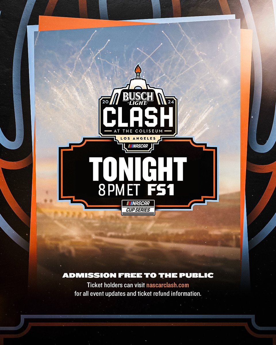 NEWS: The #BuschLightClash will be held tonight, Saturday, at 8 PM ET on FS1, MRN Radio and SiriusXM NASCAR Radio. 

The NASCAR Mexico Series race will follow tonight’s event.