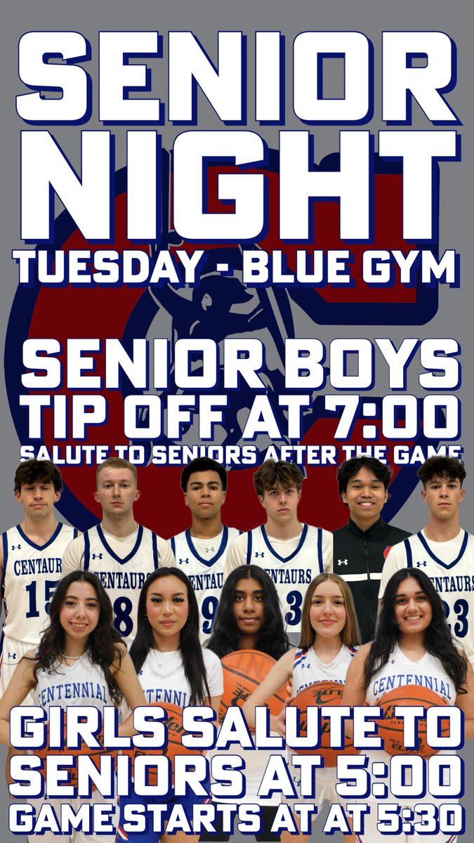 Centaurathletic's tweet photo. Tuesday night, @Centennial43 will be facing off against @pmss43 in league play!  It will be a special night, as we will be celebrating our seniors!  Come out to support!! GO CENTAURS! @sd43bc @TriCityNews @CoquitlamRT @CSSAASD43 https://t.co/QgniMgIZVU