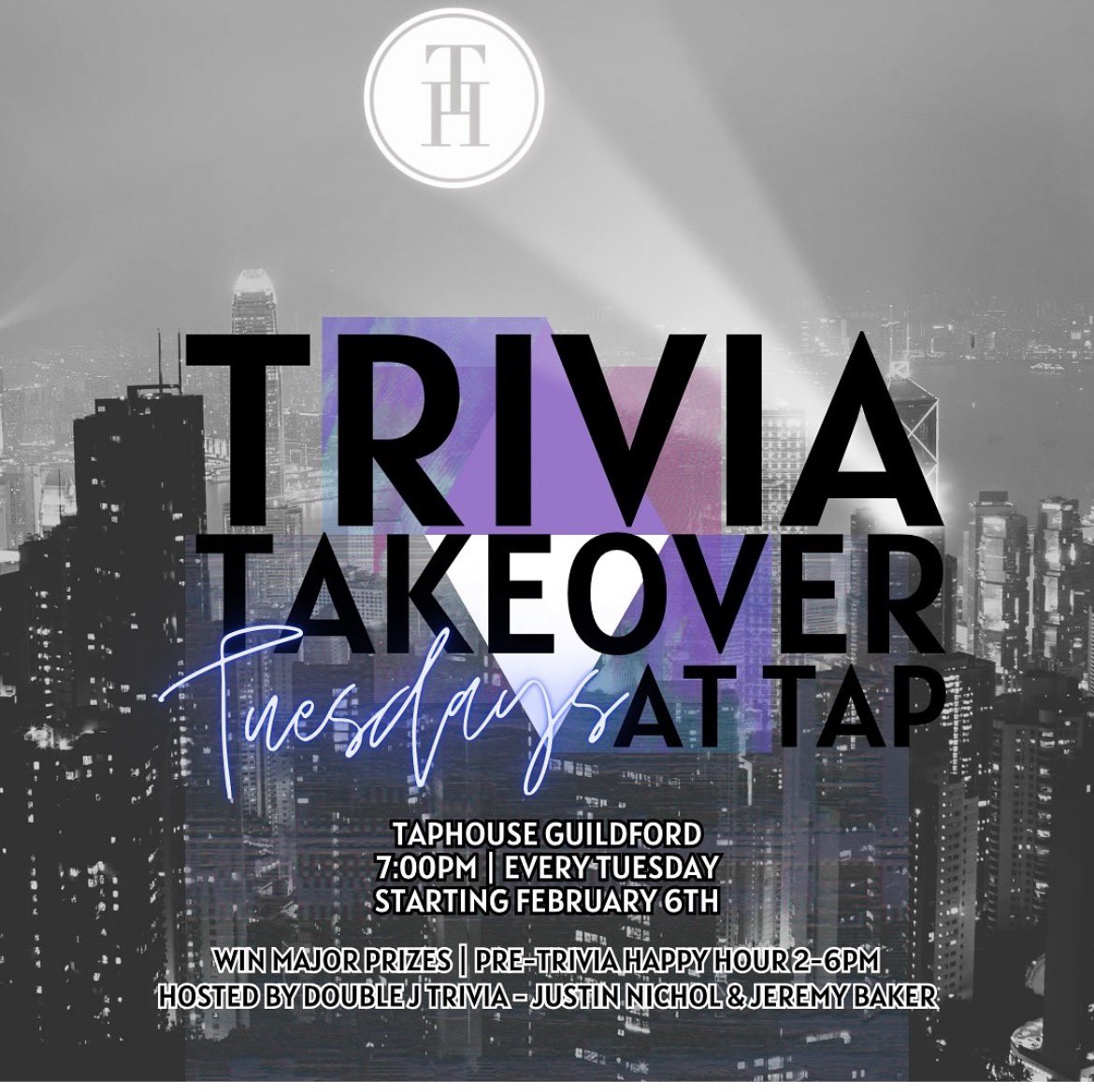 This Tuesday with <a href="/Jeremy_Baker/">Jeremy Baker</a>  and <a href="/DoubleJTrivia/">Justin & Jeremy Trivia</a> we begin our journey to trivia greatness at the Tap house in Guildford. Elevating pub trivia to another level of entertainment. 7pm.