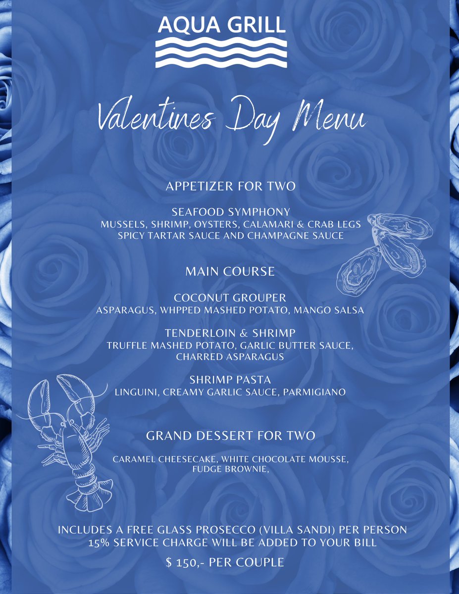 Come and join us for Valentines day, we have specials on oysters and much more.

📍 Aqua Grill Restaurant
🌴 Address: J.E Irausquin 374
📞 Phone: (297) 5865900
📧 Email: reservations@aqua-grill.com
🌐 Website: aqua-grill.com