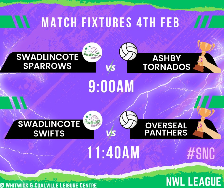MATCH FIXTURES / 4th FEB 
Springing into action for an early start ! Sparrows continue their Plate challenge at 9am  &amp; Swifts competing in the Cup to wrap up your morning of Netball action ! 🌄 🌻
#SNC #SwadlincoteNetballClub #swadlincotesparrows #swadlincoteswifts #sundayfunday
