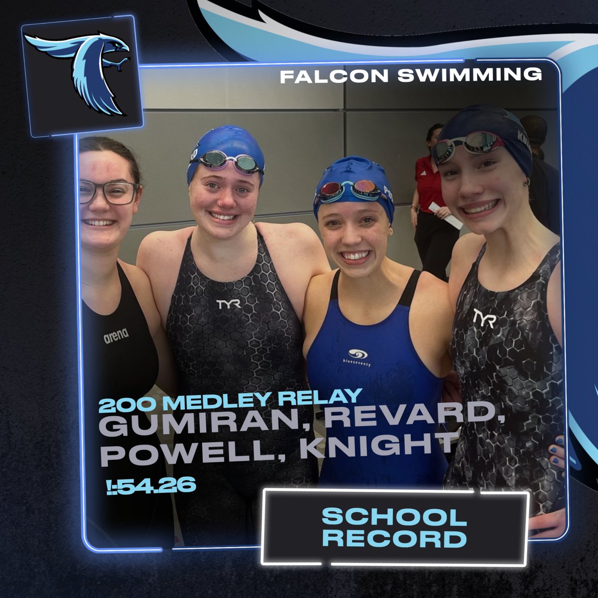 RECORDING BREAKING ALERT!
Gigi Gumiran, Gillian Revard, Taylor Powell, and Auria Knight broke the 200 Medley Relay today in the Sectional Final.
#falconsRISEUP