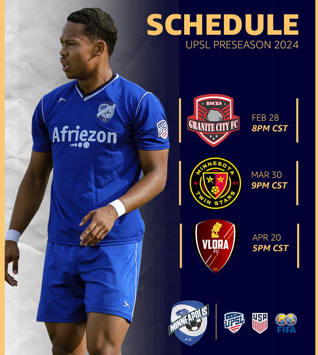 😁⚽🤩 Get excited about FC Minneapolis this year!
We have officially kicked off our preseason arrangements as we prepare for the UPSL Regular Season. Check out our upcoming games, and make plans to come out. We will have more information about venues and so forth in the coming