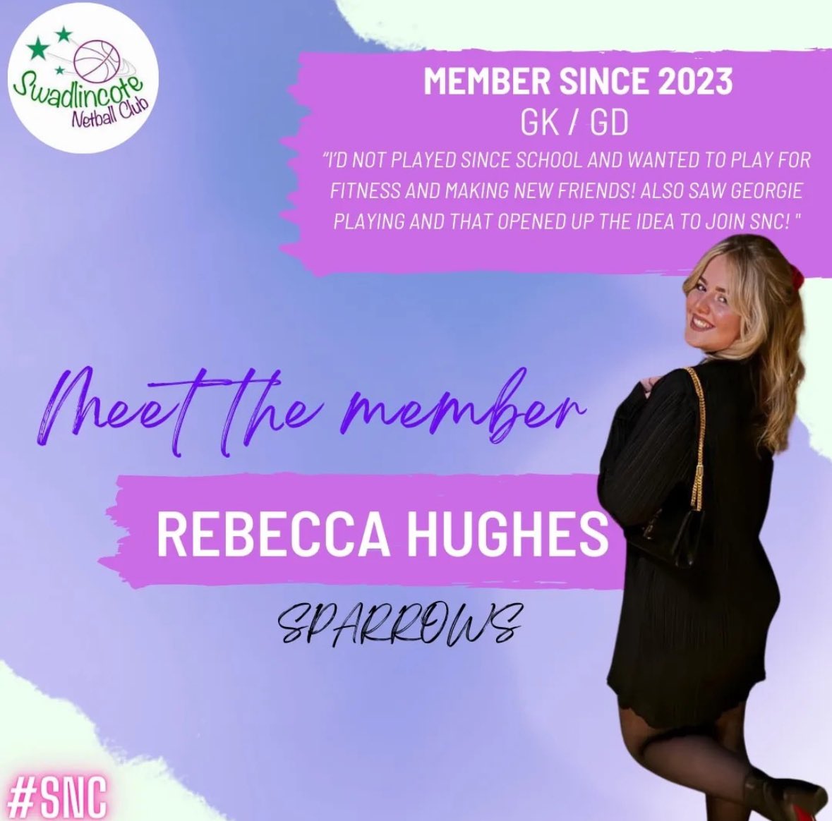Introducing Rebecca Hughes ! Becs is one of our newest members- she has slotted in seamlessly with Sparrows and is now a core member of the squad! Becs brings so much fun and good vibes to the team ! We are so glad you’ve joined SNC!! A fantastic team player <3
