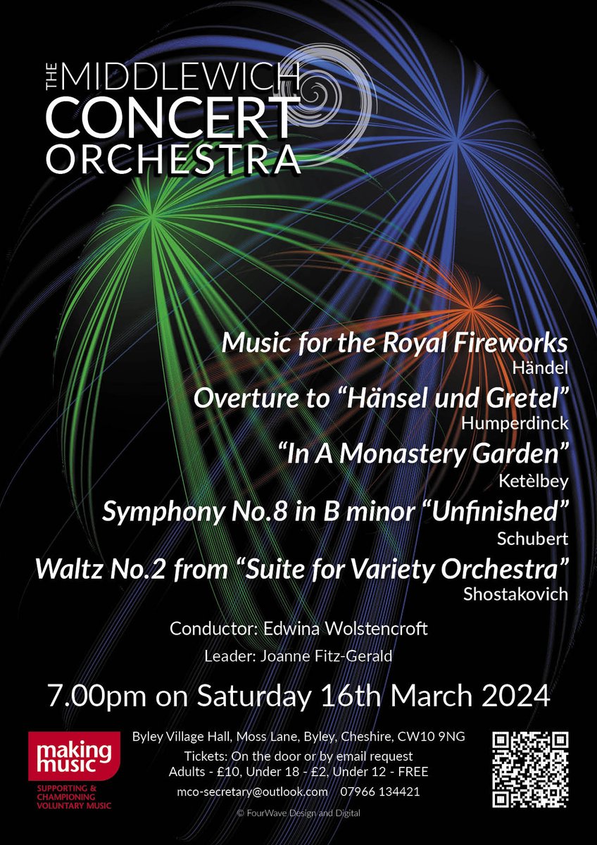 MiddlewichOrch's tweet photo. Our next concert will take place on Saturday 16th March at 7pm at Byley Village Hall near Middlewich.
We have an exciting programme including Schubert's Unfinished Symphony, Handel's Music from the Royal Fireworks and Humperdinck's Overture to Hansel and Gretel. https://t.co/J5rwfINUCo