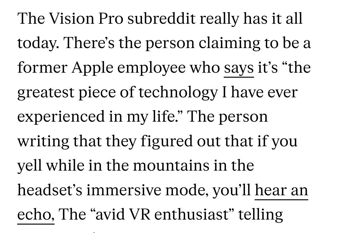 'if you yell while in the mountains in the headset’s immersive mode, you’ll hear an echo' The first Reddit reviews of the Vision Pro are in theverge.com/2024/2/3/24060… @verge #AppleVisionPro #VisionPro