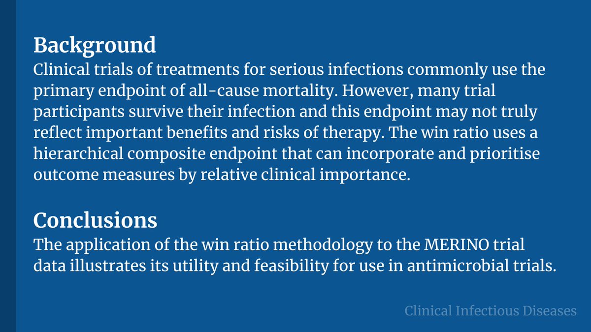 Win ratio analyses of piperacillin-tazobactam versus meropenem for ceftriaxone non-susceptible Escherichia coli or Klebsiella pneumoniae bloodstream infections: Post-hoc insights from the MERINO trial ✅ Just Accepted 🔗 bit.ly/3uloUm4