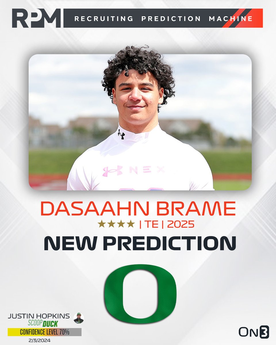 Oregon recruiting insider @JHopkinsSD has logged an expert prediction for the Ducks to land 2025 4-star TE DaSaahn Brame🦆 Brame is visiting Oregon this weekend👀 Intel: on3.com/teams/oregon-d…