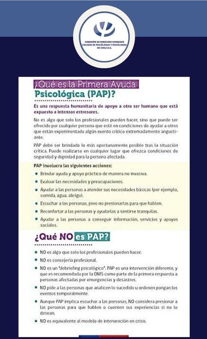 ddhh_chile's tweet photo. Primera Ayuda Psicológica PAP. Nociones Básicas @ministeriosalud @Salud_Responde @colpsichile #IncendioForestal #DerechosHumanos https://t.co/CxQyqXdYn0 https://t.co/cMBlMXxA0c