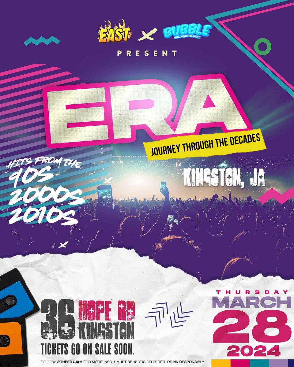 theerajam's tweet photo. Join us as @East_Jamaica &amp; @bubblewebubble present ERA: Journey Through The Decades! Follow @theerajam &amp; come dance, sing, rock &amp; rave to ALL your favorite bangers from the eras you love on Thursday March 28th! #era #journeythroughthedecades #theerajam https://t.co/KCa0lor8Ze