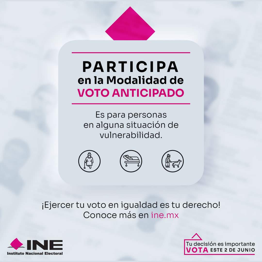 JDE07Ver's tweet photo. Si tú, un familiar o un conocido se inscribieron en la modalidad de #VotoAnticipado para las #Elecciones2024MX, personal del INE te visitará para dar continuidad a tu solicitud.

Esta modalidad se realizará en todo el país del 6 al 20 de mayo. https://t.co/b6Zs4XW7KK https://t.co/yzTZWdaUHN