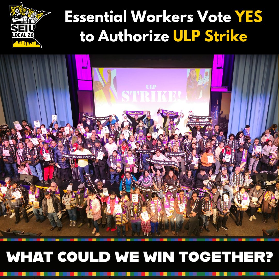 BREAKING! SEIU Local 26 Members representing 8,000 Essential Workers VOTE YES to authorize bargaining committees to call a ULP STRIKE at any point going forward! 

#ulpstrike #solidarityseason #seiu #RespectProtectPayUs #WinTogetherMN