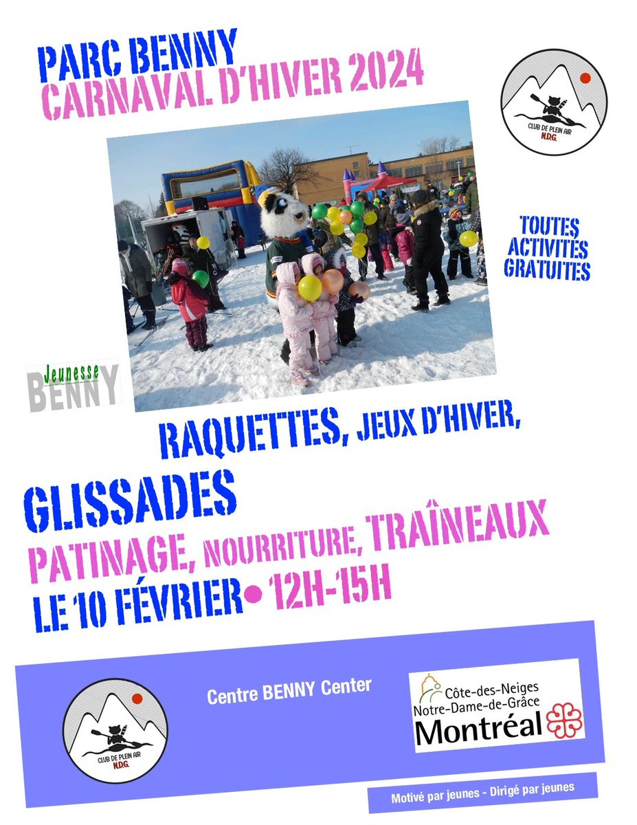 benny_ndg's tweet photo. C'est de nouveau le temps de l'année, venez vous joindre à nous le 10 février pour le Carnaval d'hiver au parc Benny! Certaines activités peuvent être annulées en raison des conditions météorologiques. Visitez notre site Web pour connaître les activités disponibles. 
#Montreal https://t.co/MIupjIPcap