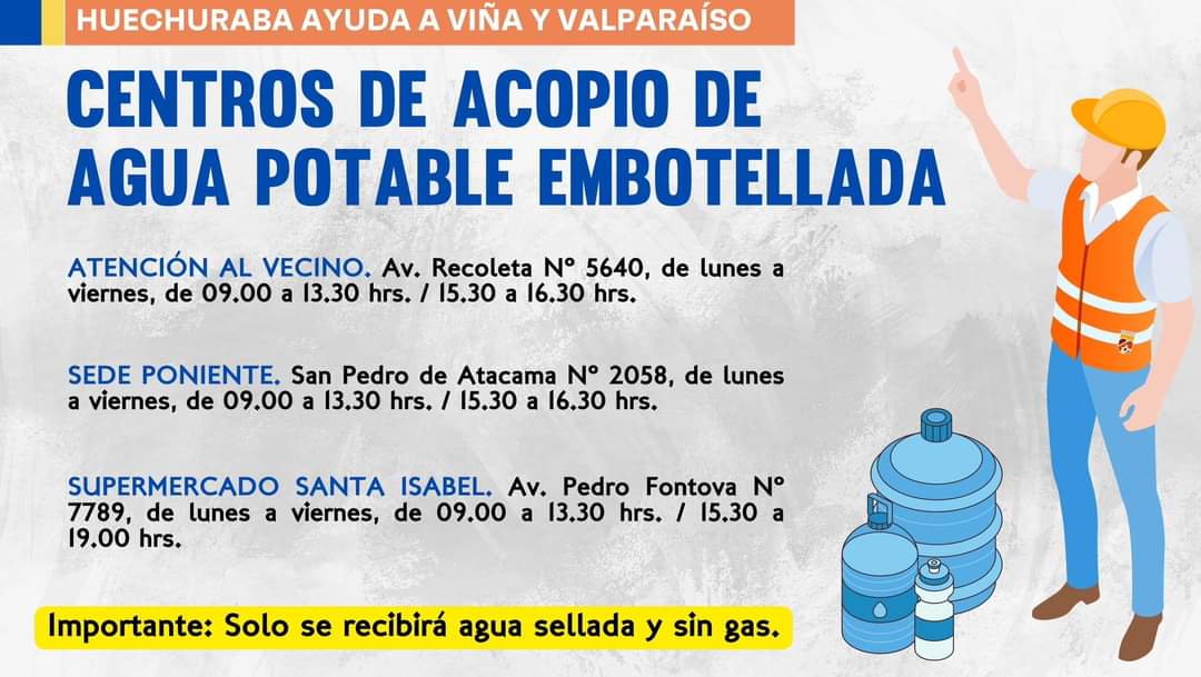 CuadradoPrats's tweet photo. HUECHURABA EN POSITIVO
Vecinos: Cumplo con informar que la comuna está presente en la V Región con un carro y personal de bomberos y un camión aljibe para entregar agua potable. Nos pusimos a disposicion de SENAPRED y estamos actuando con estricto apego a sus instrucciones. https://t.co/N3qox8Vxfl