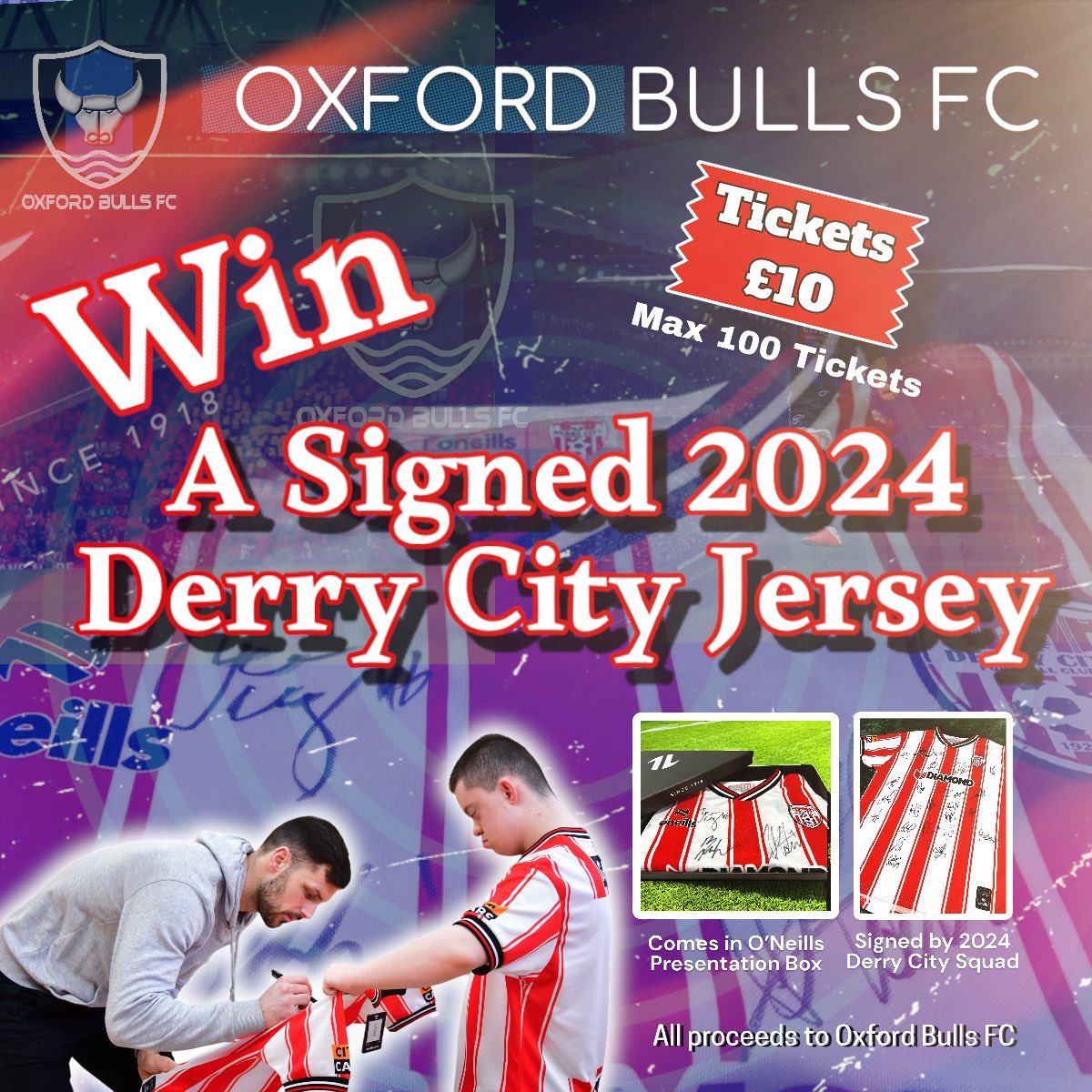 All @derrycityfc fans. I’m raffling a brand new DCFC jersey signed by the 2024 squad. Jersey comes in exclusive O’Neills presentation box with all proceeds going to @BullsOxford Draw limited to 100 tickets (no’s 1-100). No’s are £10 each. Gimme a shout if you want a number.