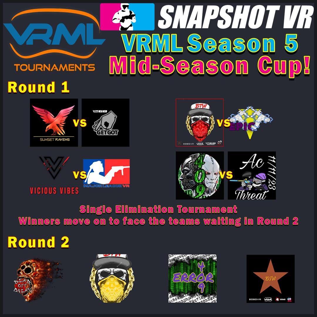 Snapshot_VRML's tweet photo. 🔴Season 5 Mid-Season Cup FINALS - LIVE!

Semi-Finals
BTW vs ERROR 404
Dead off Break vs Vicious Vibes

Finals will be played afterwards!

Teams play for in-game cosmetics🔥
📺https://t.co/3Ea8QQEd5s
with Jesse
#vrml #snapshotvr #esports #paintballvr #vrpaintball #paintball https://t.co/wvl0rgUCZL