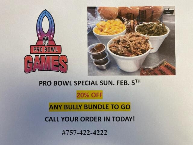 BeachBullyBBQ's tweet photo. 🚨 BULLY BUNDLE STILL ON SALE 🚨
Don't forget to get your bully bundle for the pro bowl and super bowl!
Going on this Sunday and next Sunday!
Call us at 757-422-4222 or come in and order TO GO ONLY https://t.co/TyjXrSPTnT