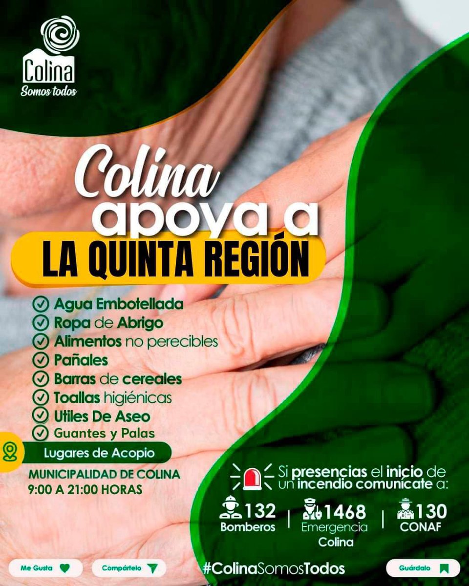 🤝 𝗖𝗢𝗟𝗜𝗡𝗔 𝗔𝗬𝗨𝗗𝗔 𝗔 𝗟𝗔 𝗥𝗘𝗚𝗜𝗢́𝗡 𝗗𝗘 𝗩𝗔𝗟𝗣𝗔𝗥𝗔𝗜́𝗦𝗢 

La municipalidad te invita a ayudar a las familias que los han perdido todo por el gran incendio que actualmente afecta a distintas comunas de la Región de Valparaíso.

#ColinaSomosTodos