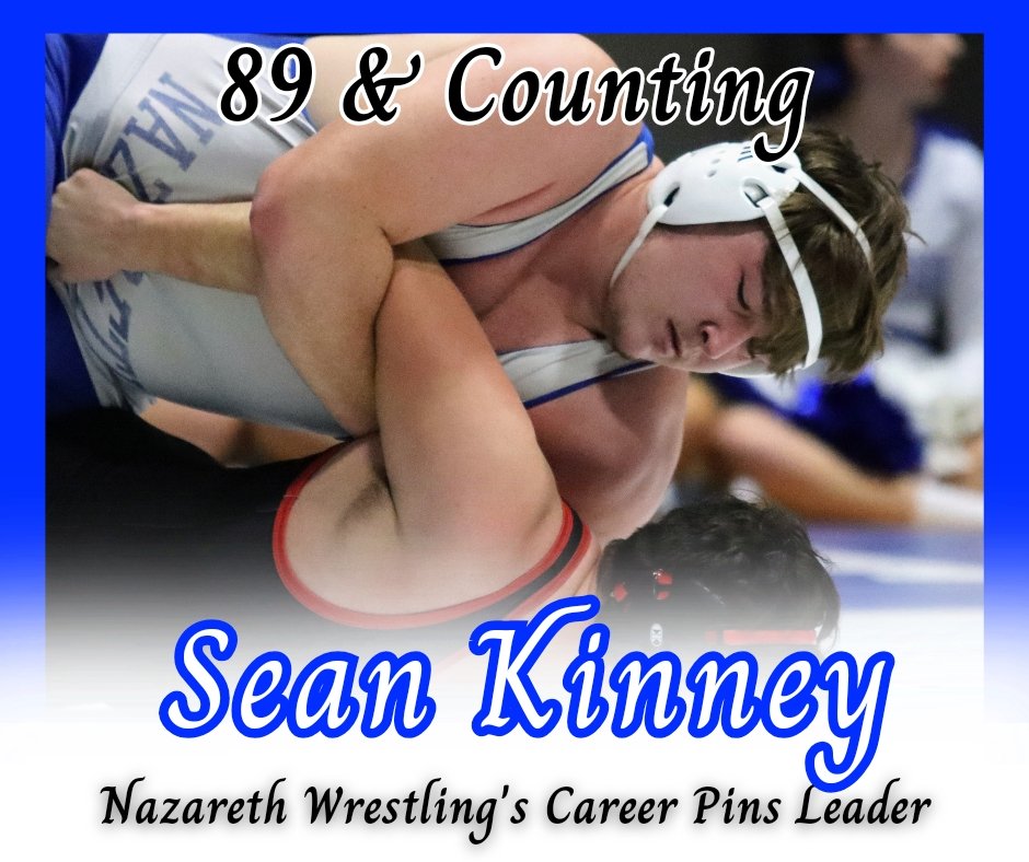 NazWrestling's tweet image. Congratulations to @SeanKinney_78  who became Nazareth's Career Pins Leader earlier today with his pin against Bethlehem Catholic in the Semifinals!

Sean Kinney passes Nazareth Legend Sammy Sasso with 89 Career Pins!

#GoBlueEagles
#GoLadyBlueEagles
#NazarethProud
🔵🦅🤼‍♀️🤼‍♂️