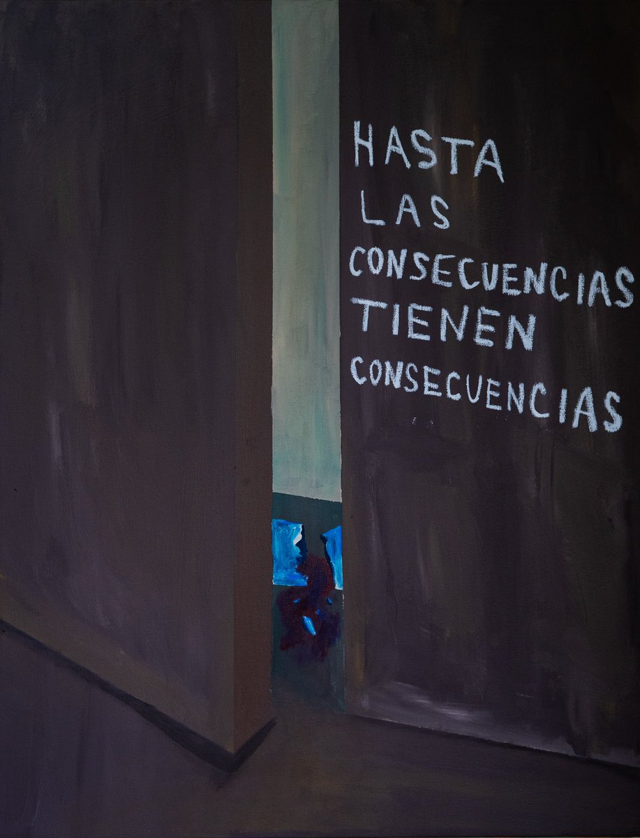 _rom_mo_'s tweet photo. Fig. 1: “Hasta las consecuencias tienen consecuencias.” (Acrílico y crayón industrial sobre tela) https://t.co/pvQEu6A5u4