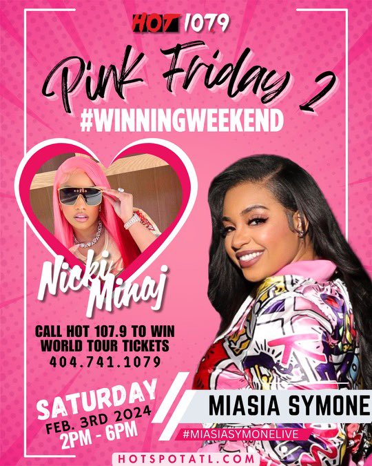 Let’s go here’s your chance to win #Barbz @miasiasymone x @hot1079atl x Are Giving Away 2 tix  @5:25est to See @NICKIMINAJ  #PinkFriday2 #WorldTour #ATL Call 4047411079 #MiAsiaSymoneLive #WinningWeekend