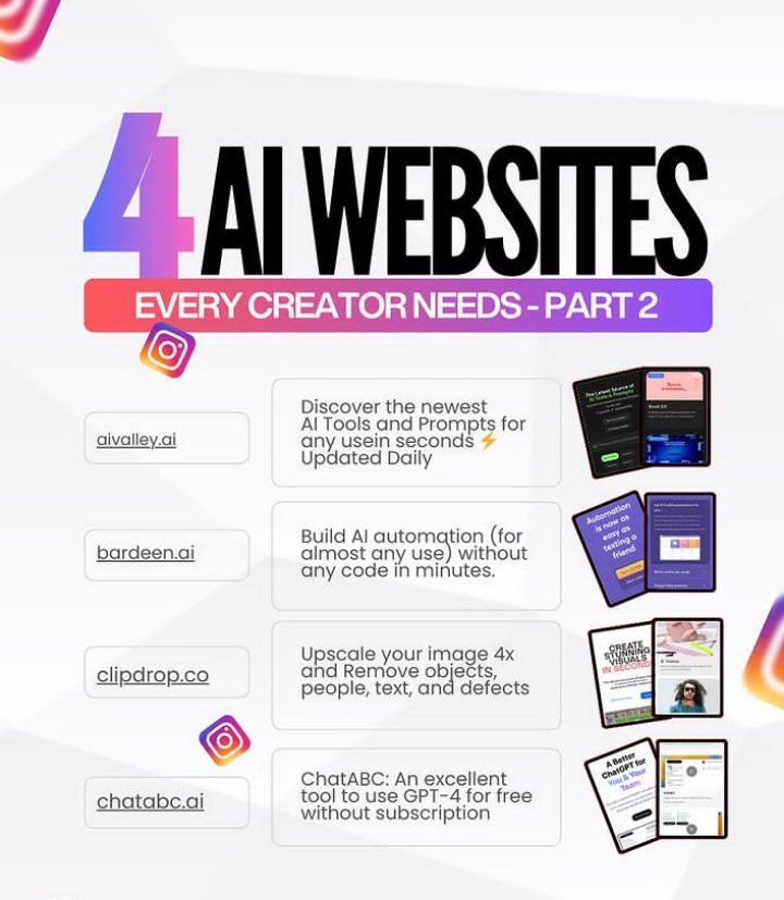 4 AI Websites Every Creator Needs ⤵️ 1.aivalley.ai 2.bardeen.ai 3.clipdrop.co 4.chatabc.ai 📌Follow @halimasrabonti #aitools #websites #Creators #need