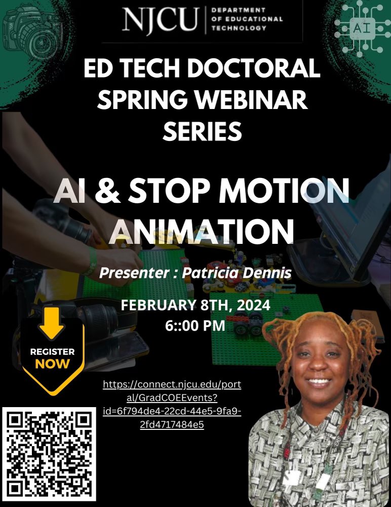 NJCUEdTech's tweet image. Thursday 6pm is the next session of the NJCU Educational Technology Spring Webinar Series with Patricia Dennis! 

connect.njcu.edu/portal/GradCOE… 

#NJCU #NJCUniversity #AIinEducation #ArtificialIntelligence #digitallearning #stopmotionanimation #21stCenturyEducation #edtech #STEAM