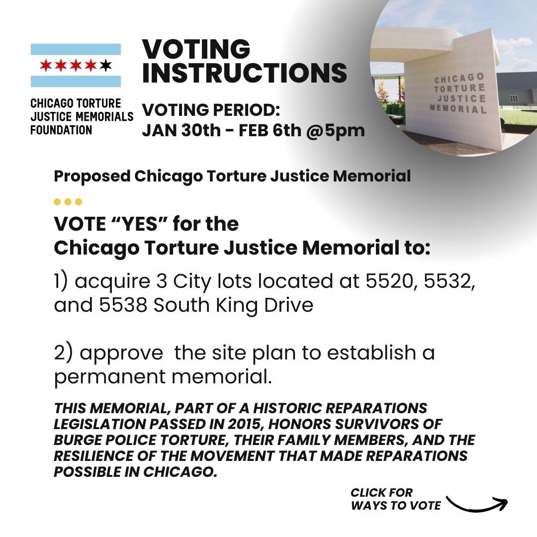 3 days left! Help us bring the long- awaited Burge torture survivors memorial to Washington Park. Instructions for voting below. This is not a board of elections vote. Anyone who lives in the voting boundary is eligible. 3 ways to vote: by text, online ballot, or in person.