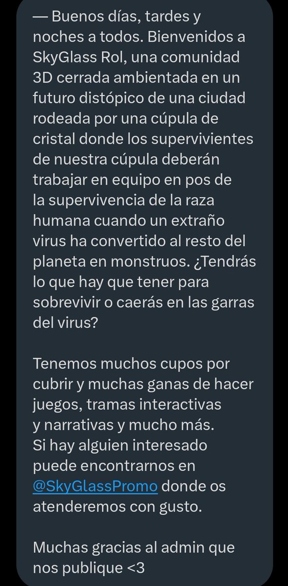 🐍; Promocionamos para ustedes esta comunidad cerrada ambientada en un futuro distópico. <a href="/SkyGlassPromo/">𝑺𝒌𝒚𝒈𝒍𝒂𝒔𝒔 𝑷𝒓𝒐𝒎𝒐 ☆ —</a> 

Iré corriendo a leerlo porque me interesa.