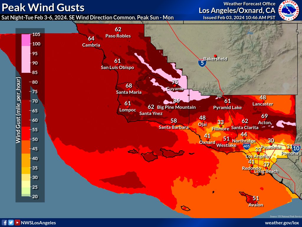 Batten down the hatches!!!! #SoCal will not only get some heavy rain, but some very strong SE winds through Tuesday. Here is a graphic, displaying the expected peak wind gusts across our forecast area. #CAwx