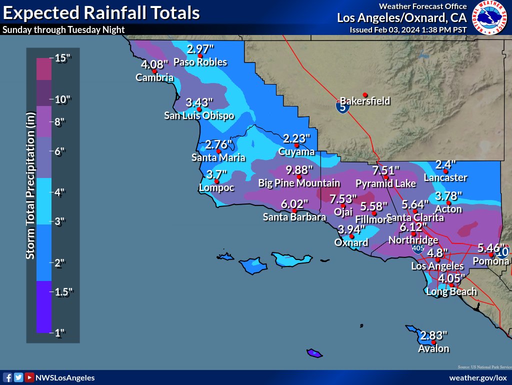 HEAVY rain is still on the way to #SoCal. Here are some graphics which depict timing and rainfall amounts. - 3 to 6 inches for coasts/valleys - 6 to 12 inches for foothills/mountains - FLOOD WATCH remains in effect for the entire area thru Tue #TurnAroundDontDrown #CAwx