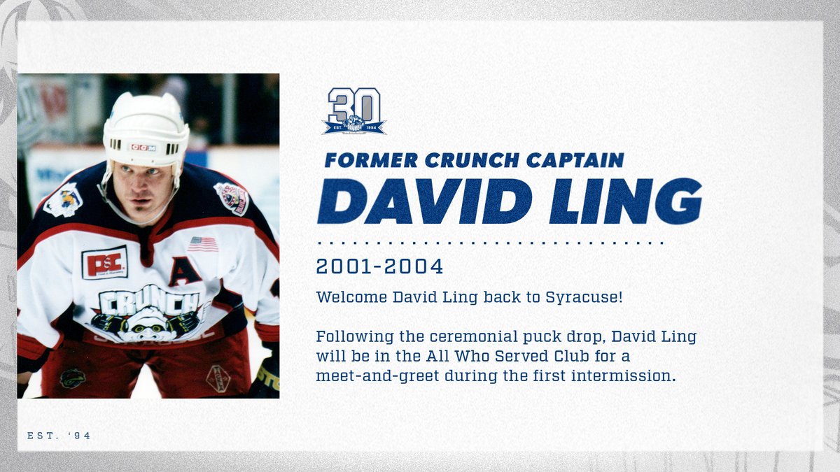 Welcome David Ling back to Syracuse!

The former captain will be dropping the ceremonial first puck tonight. He will also be available for a meet-and-greet in the All Who Served Club during the first intermission.

The meet-and-greet is free and open to anyone in attendance.