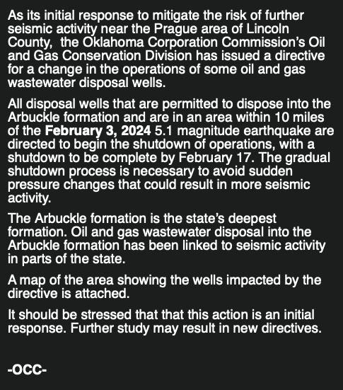 pmonies's tweet photo. INBOX: Following the M5.1 #okquake last night, the Oklahoma Corporation Commission has ordered oil and gas wastewater disposal wells injecting into the Arbuckle Formation to begin shutting down operations within 10 miles of the quake's epicenter near Prague, OK. #oilandgas https://t.co/fLKqveUdNa