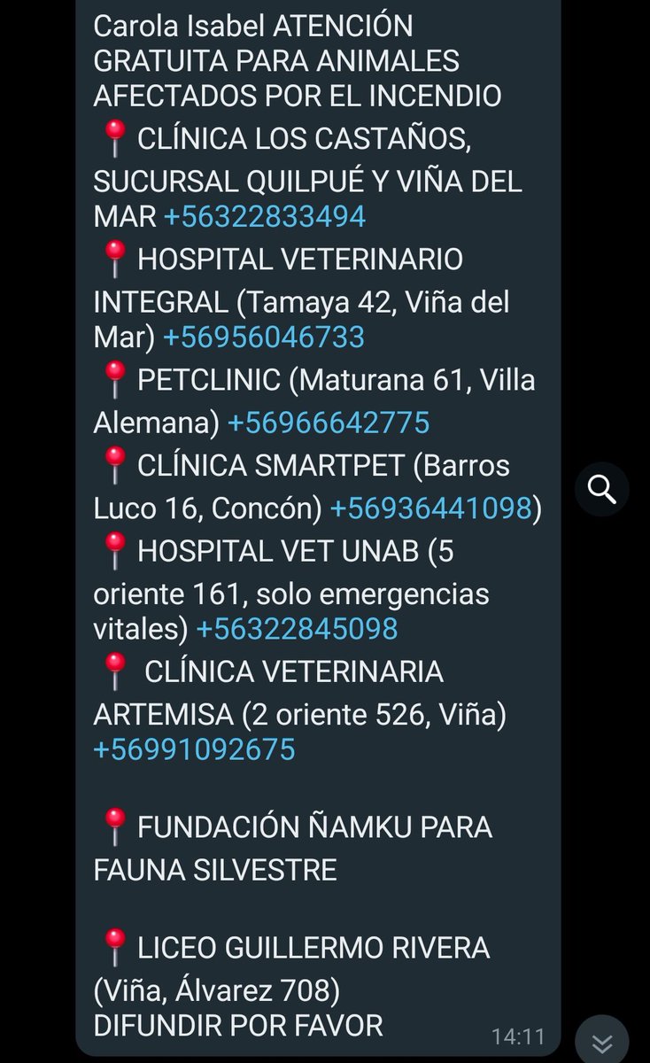 Amigos!! Aquí Lista de  Veterinarias que estáran atendiendo de forma GRATUITA! durante Emergencia!! 🚨
#IncendioForestal
#VinadelMar
#Quilpue
#Valparaíso 
#Catástrofe 
RT!! 🐶🐱🐾👇