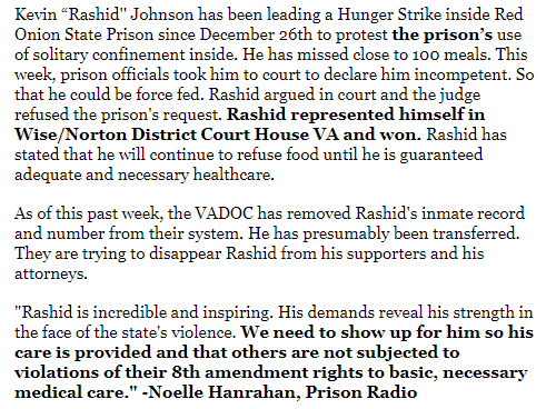 vapacommittee's tweet photo. We call on Chadwick Dotson Director of #VADOC to tell the people where #prisoner Kevin "Rashid" Johnson has been secreted because they disappeared him @OnSolitary @solitarywatch @HollySeiboldVA @kimjsnodgrass #IAHR #vapac #CriminalJusticeRefrom #CriminalJustice #PrisonRadio https://t.co/1jcsrAaaXL