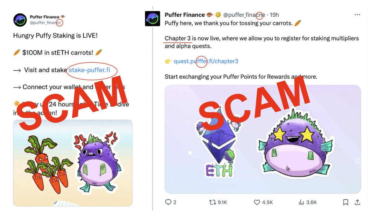 🚨 Attention, Puffy's Carrot Questers! 

We've noticed a surge in scam accounts mimicking our official profile. For clarity, our ONLY official account is <a href="/puffer_finance/">Puffer Finance 🐡</a>. 

Beware of imposters like "puffer_finacne" or any variations. Remember, Chapter 3 hasn't kicked off yet.