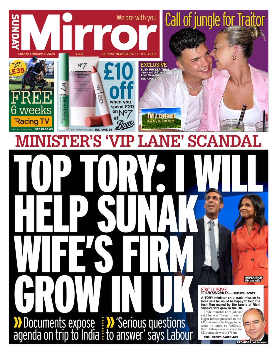MIRROR: Top Tory: I will help Sunak wife’s firm grow in UK #TomorrowsPapersToday