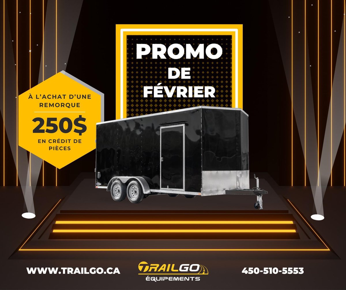franckyisabelle's tweet photo. Nous avons les remorques les moins chères on le sait!Pourquoi pas vous donner un cadeau pour fêter ça. 
Pour tout le mois de février, à l'achat d'une remorque, Trailgo Équipements vous remets 250$ en crédit au pièces pour « pimper » votre ptite nouvelle 
#teamtrailgo https://t.co/xmDpmbyXXe
