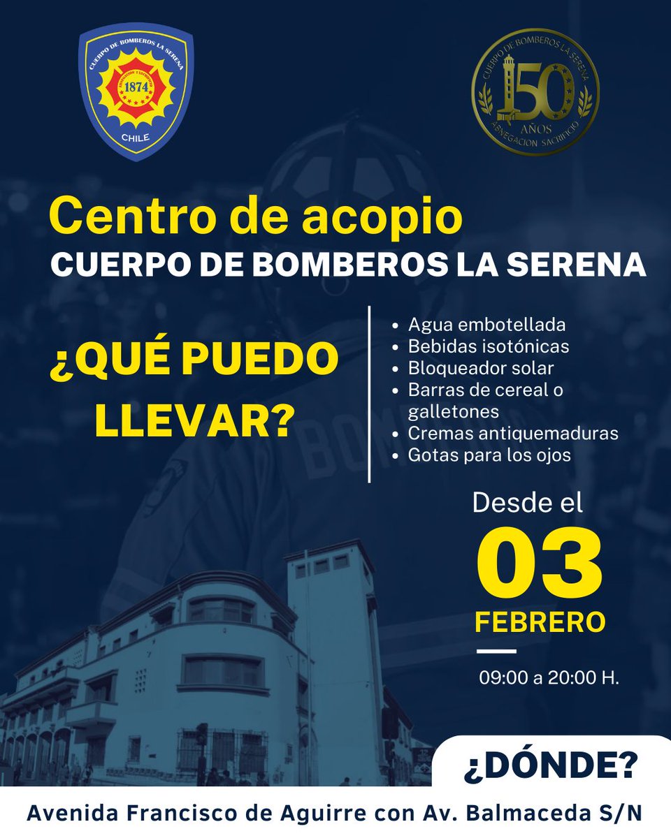 redcomunales's tweet image. #LaSerena Bomberos de esta comuna habilita centro de acopio de ayudas por incendio en la quinta región en el cuartel central ubicado en Avenida de Aguirre con calle Balmaceda